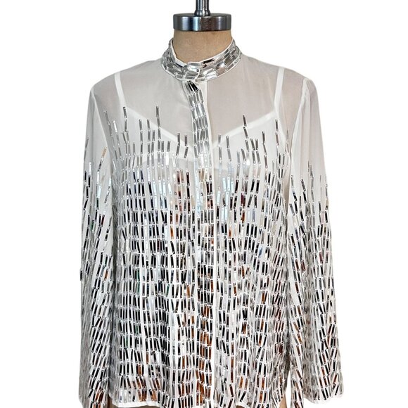 Boston Proper White & Silver Sequin 2 Pc Button-Front Blouse Small NWT - Picture 2 of 8